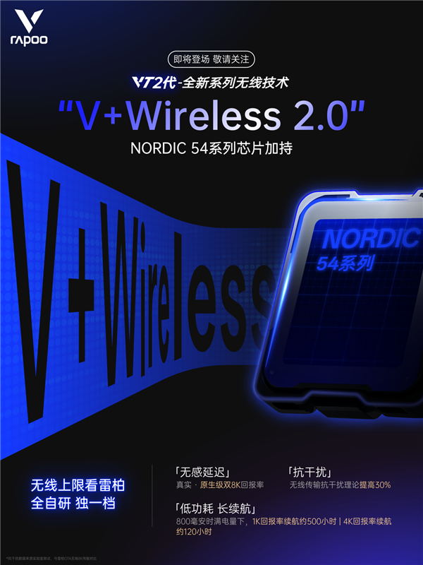 雷柏VT2代全新无线电竞鼠标系列- 全自研V+Wireless 2.0算法加持NORDIC 54系列芯片